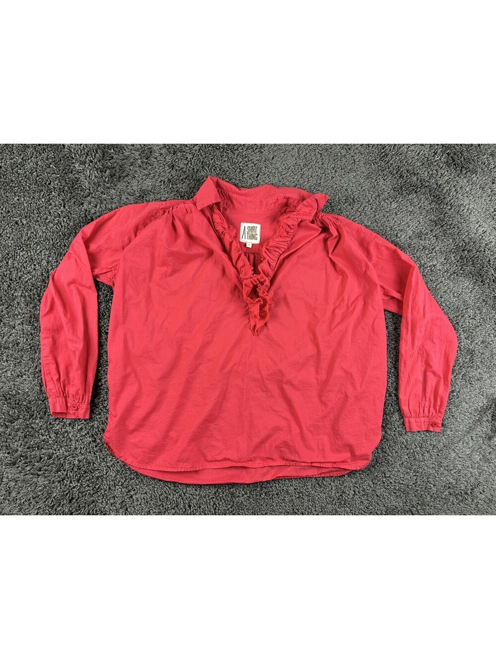 A Shirt Thing Celine Womens P Petite Small Red Cotton Ruffle V-Neck Blouse Top